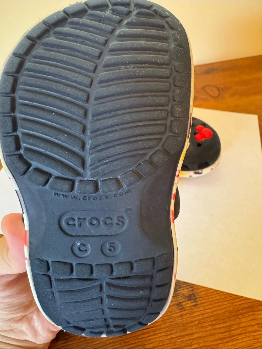 Crocs 5 toddler clogs in navy blue with fun Mickey Mouse.